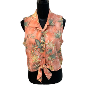 VINTAGE La Cabana Peach Floral Tropical Hawaiian Sleeveless Tie Blouse Large